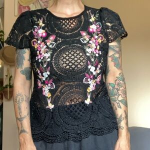 Open work black floral top